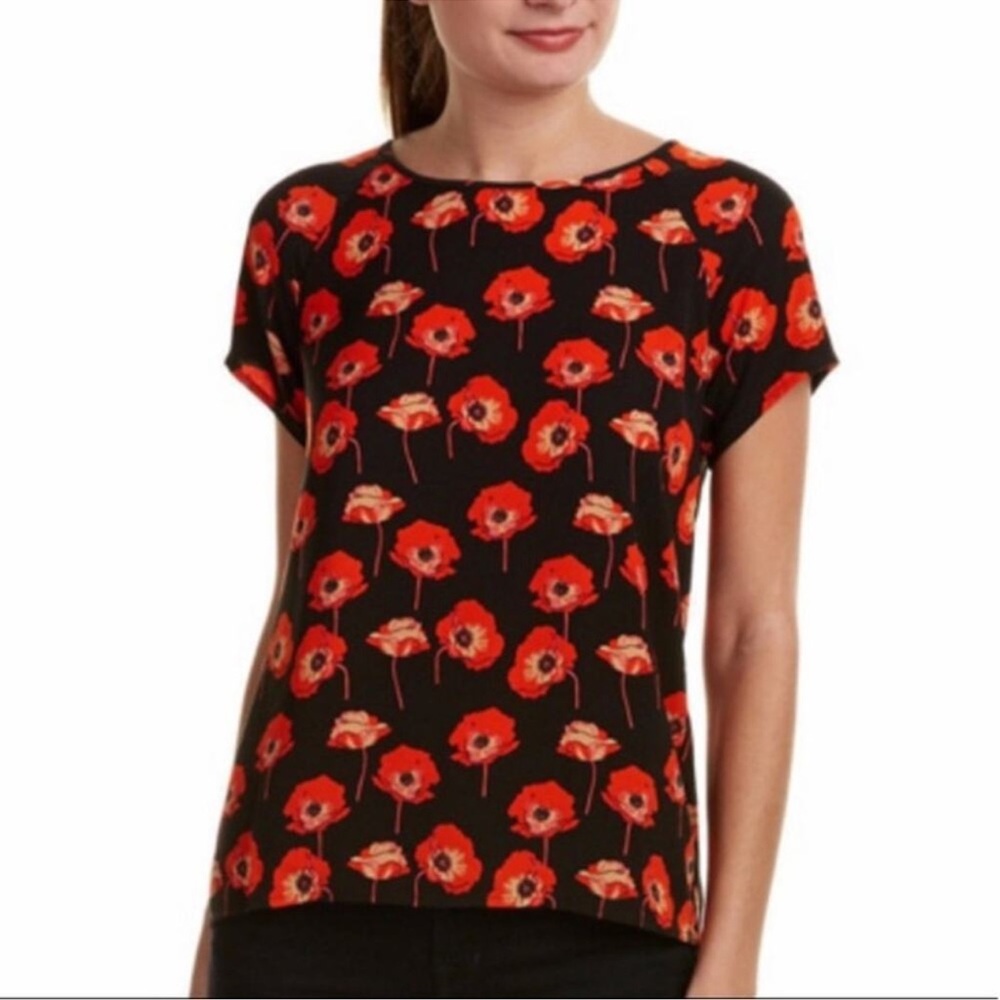CAbi Black and Red Poppy Print Blouse M